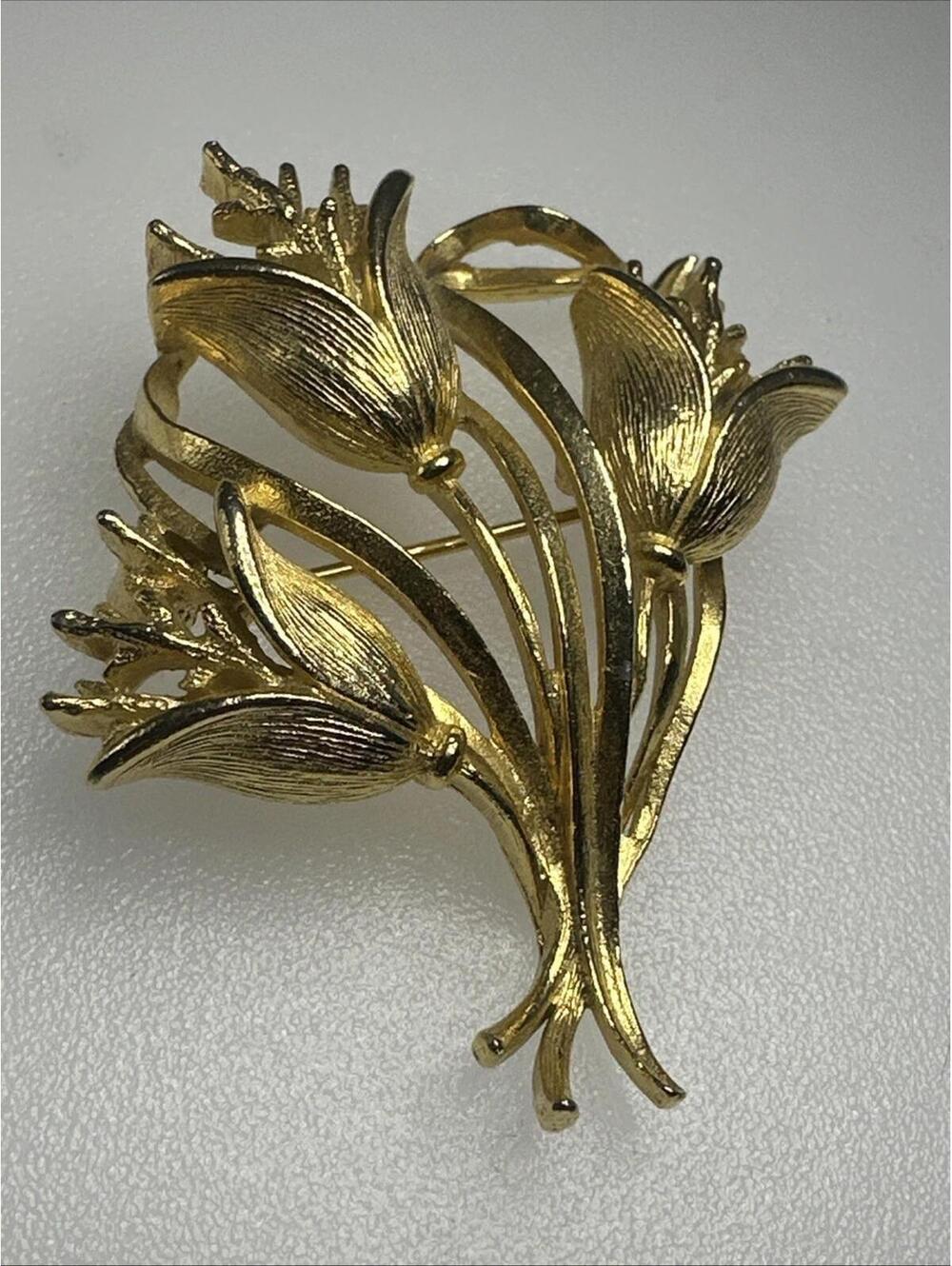 Vtg LISNER Tulips Flowers Gold Plate Brooch Pin Signed 2”